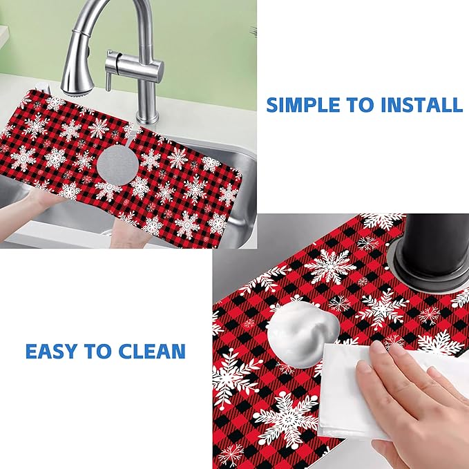 Christmas Snowflake Kitchen Sink Splash Guard Mat Buffalo Plaid Absorbent Fast Drying Mat Faucet Draining Mat Sink Splash Guard Behind Faucet Drip Catcher for Kitchen Bathroom 5.5"×15"