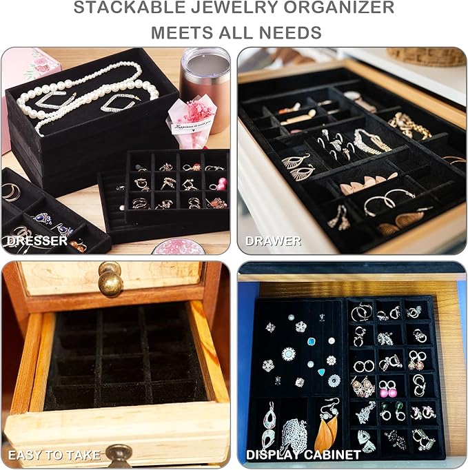 Jewelry Organizer Tray,Stackable Velvet Jewelry Trays,Set of 8 Drawer Inserts Earring Organizer For Women Girls Jewelry Storage Display Case for Rings Stud Necklaces (Black)