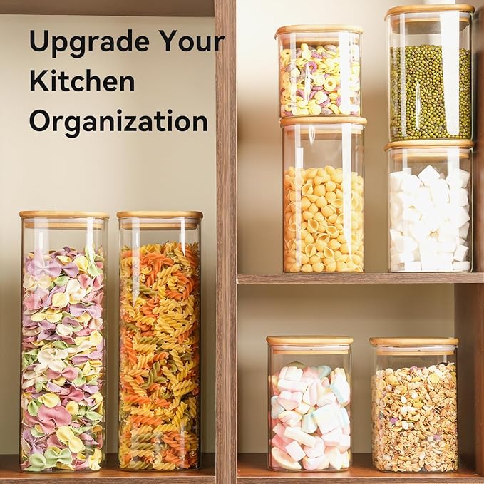 Glass Spaghetti Pasta Storage Container - 3 Pack 82 OZ Airtight Food Storage jar with Bamboo Lid Labels - Tall Square Kitchen Pantry Canister Set for Noodle Cookies Flour Cereal Coffee Bean