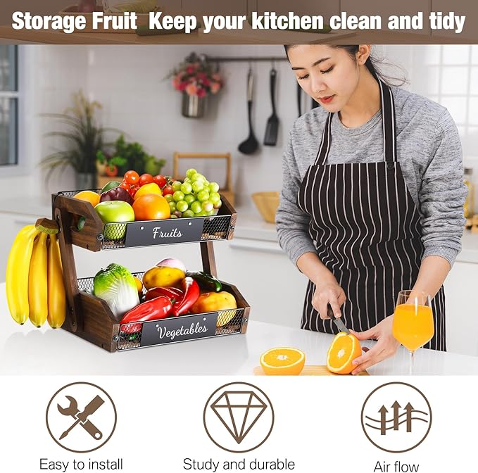 2 Tier Fruit Basket for Kitchen Counter Organizer with Banana Hangers Wooden Fruit Basket Kitchen Counter Storage Holder for Onion Potato Bread Vegetable Organize(11.8 x 9.1 x 10.6 Inches)