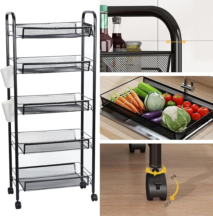 Fruit Basket for Kitchen, Fruit Vegetable Storage Basket, Standing Baskets for Kitchens Floor, 5-Tier Stackable Fruit Vegetable Storage Basket Stand on Wheel for Kitchen, Pantry Black 4