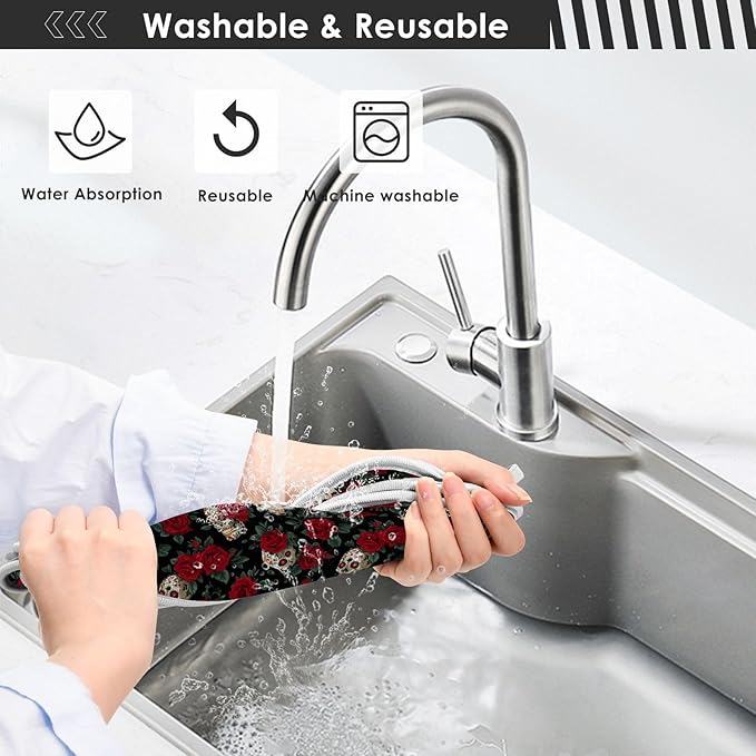 2 PCS Kitchen Sink Splash Guard 14.9 Inch Faucet Mat for Kitchen Sink Bathroom Sink Faucet Absorbing Drip Drain Mat Pad Microfiber Soft Washable Black Mexico Skulls and Red Roses