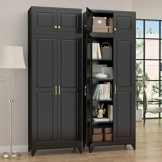 90”Kitchen Pantry Cabinet,Metal Storage Cabinets with Doors and 4 Adjustable Shelves,Black Kitchen Cabinet with 2 Gold Handles,Tall Cabinet for Livingroom, Bathroom