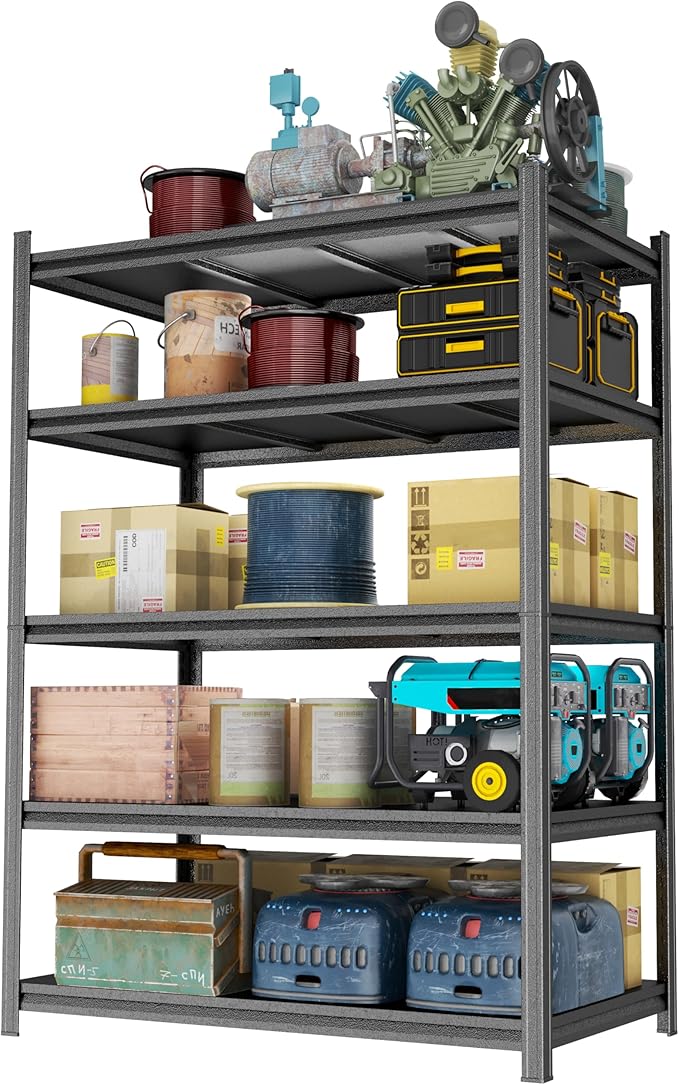 Garage Shelving Unit, Heavy Duty Metal Adjustable Storage, Steel Shelves, Industrial Shelves for Heavy Tools and Equipment, Ideal for Garage, Basement, Black (5-Tier, 71.2" H x 48" W x 24" D)