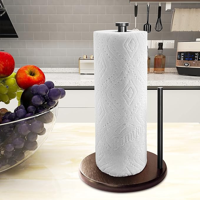 Wood Paper Towel Holder Countertop, OBODING, Farmhouse Kitchen Paper Towel Holders Stand with Real Wooden Base, fits Standard and Jumbo Size Paper Towels (Dark Brown)