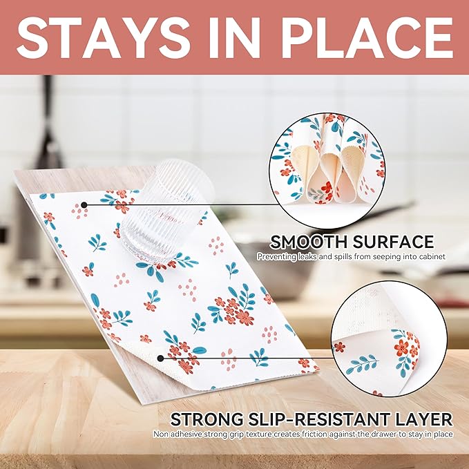RAY STAR Shelf Liner, 18 Inch x 8 Feet Non Adhesive Red Floral Kitchen Cabinet Liner for Pantry Drawer Vanity, Strong Grip Non Slip Waterproof, Shelf Liners for Kitchen Cabinets Cupboard