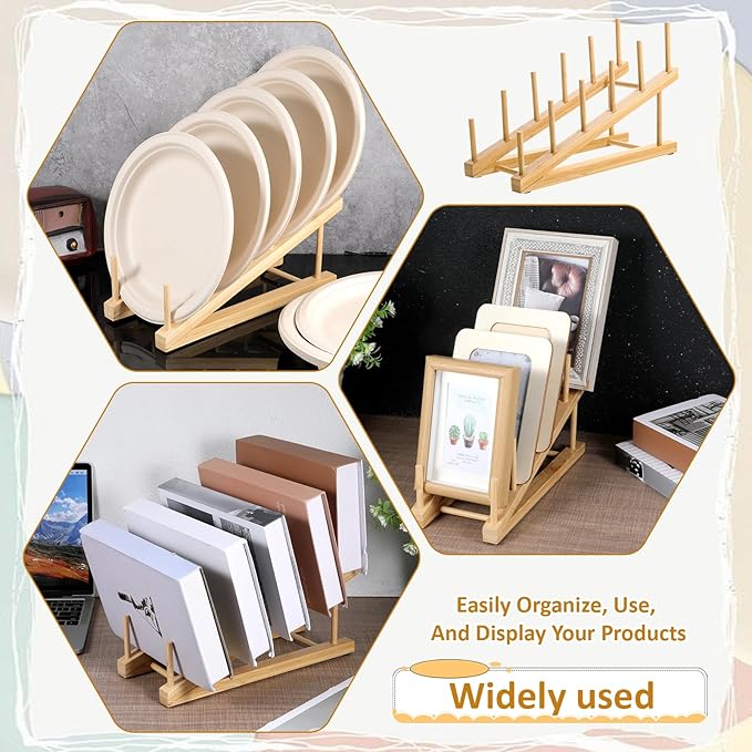 5 Pack Wooden Dish Rack Wooden Plate Stands for Display Multi Tier Plate Holder Cabinet Organizer, Craft Show Vendor Counter Display Rack for Tabletop Book, Art Prints and Platter