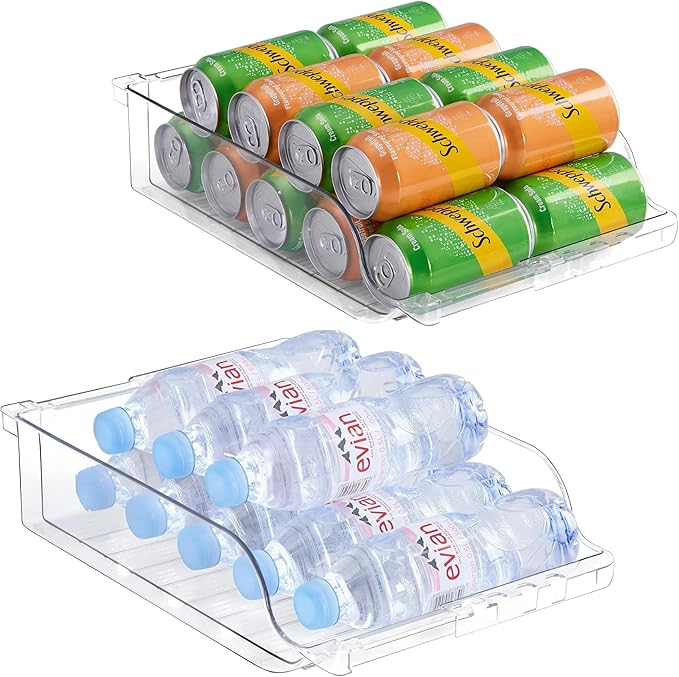 BIINONE Adjustable Soda Can Dispenser for Refrigerator –Expandable Width PET Drink Organizer, Stackable Space-Saving Fridge Organizer for Cans & Bottles – 2 Pack