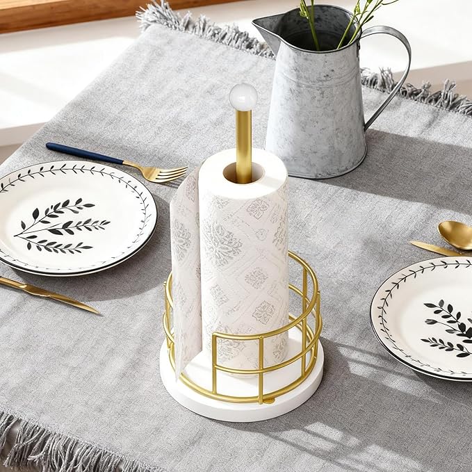 Paper Towel Holder, Kitchen Paper Towel Holder for Countertop, Gold Paper Towel Stand with Wooden Base, Freestanding Kitchen Roll Holder, for Standard Size Rolls, Gold CJ05DW