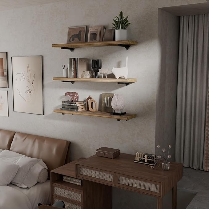 36 inch Long Wall Shelves Set of 3, Rustic Wood Long Floating Shelves, Large Wall Mounted Shelves with Metal Brackets, Farmhouse Bookshelf for Living Room, Bedroom, Bathroom (36 inch 3 Tier)