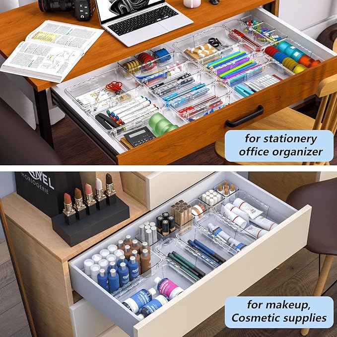15 Pcs Extendable Clear Drawer Organizer Set,Adjustable Vanity Storage Box, 2-Size Desk Drawer Divider Organizer Trays, Storage Bin for Makeup, Cosmetic,Gadgets for Bathroom Bedroom Kitchen Office