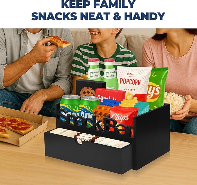Snack Bar Organizer – Black 3 Compartment Station with Drawer, Countertop Pantry Organizer for Kitchen, Office Food Holder, Candy Storage Bin, Display Stand, Cabinet Tray & Shelf