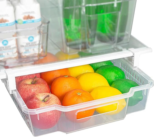 Smart Design Adjustable Pull Out Refrigerator Drawer - Extra Large - BPA Free Plastic - Holds 20 lbs - Extendable Sliding Fridge Bin, Freezer, Pantry Food Holder Storage Organizer - Kitchen - Clear