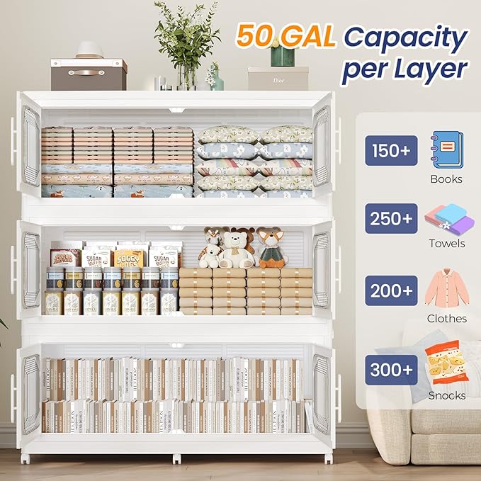 QAVABIN 250GAL Extra Large Storage Bins with Lid, 1000QT Storage Bins with Wheels, Folding Closet Organizer, Stackable Collapsible Plastic Storage Containers for Home, Office, Kitchen, 5Pack White