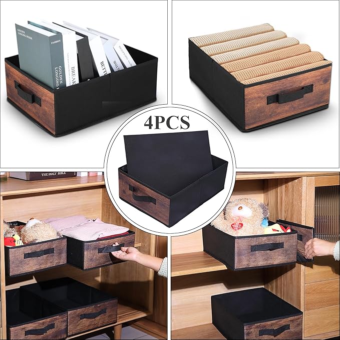 Decorative Storage Boxes for Organizing Clothes in a Dresser Collapsible Fabric Storage Bins Organizer Set with Handles for Bedding Clothes Toys Socks and More (Woodgrain)