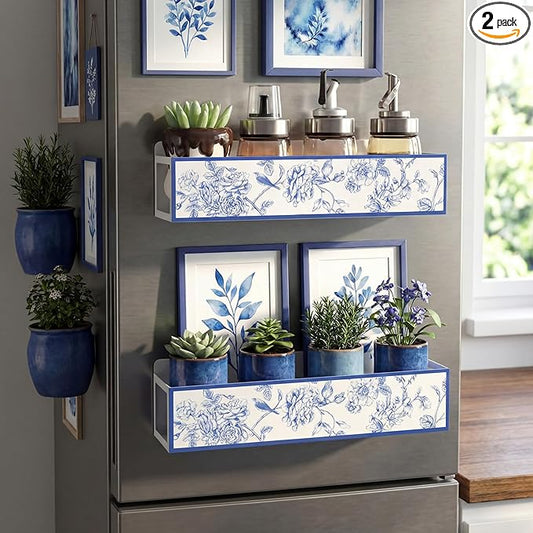 2 Pack Floral and Bird Magnetic Spice Rack for Refrigerator Metal Magnet Basket Shelf for Fridge Seasoning Storage Organizers Home Decor Kitchen Accessories (Blue and White)