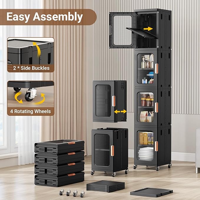 BROVIEW 4-Tier Tall Narrow Storage Cabinet Organizer, Slim Bathroom Cabinets with Adjustable Shelves and Doors, Plastic Kitchen Pantry Organizers and Storages for Small Space, Laundry, Black