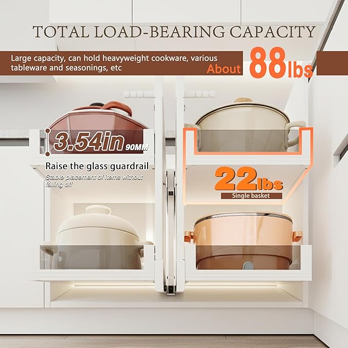 Blind Corner Cabinet Pull Out, Kitchen Corner Cabinet Organizer, 2 Tier 4 Basket Corner Optimizer, Left & Right Open Compatible, Kitchen Storage Shelf White For24.4 InteriorWidth