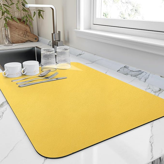 Dish Drying Mat for Kitchen Counter, Heat Resistant Drainer Mats with Non-slip Rubber Backed, Hide Stain Kitchen Super Absorbent Draining Mat, Easy to Clean Dish Rack Pad, Yellow 16"x18"
