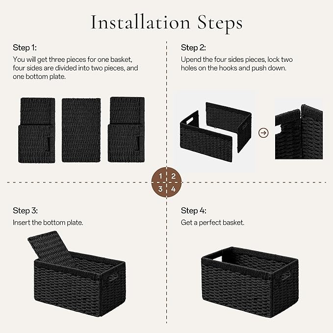joybest Black Wicker Baskets, Woven Paper Rope Storage Baskets for Organizing, Foldable Rectangular Bin with Handles for Pantry, 13.4L x 8.3W x 7.1H inch, 2-pack