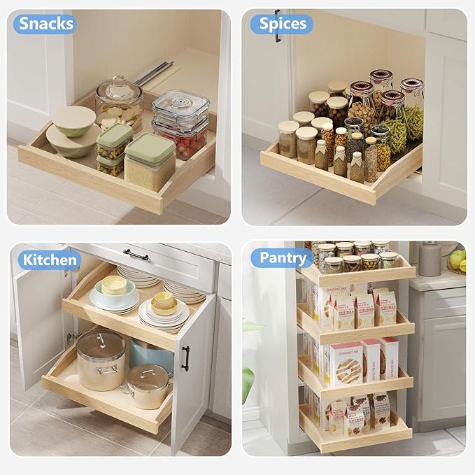 ROOMTEC Pull Out Cabinet Organizer with Soft Close, 13-1/2" W x 21" D, Pull Out Cabinet Drawer for Kitchen cabinets, Pull Out Cabinet Shelf, Finished, Bottom Assembly