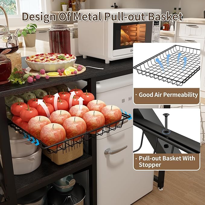 Kitchen Bakers Rack with Power Outlet,Mini Fridge Cabinet with Mesh Basket, Mini Fridge and Microwave Table with Storage for Office,Kitchen,Living Room,Coffee Bar,Patio, Black
