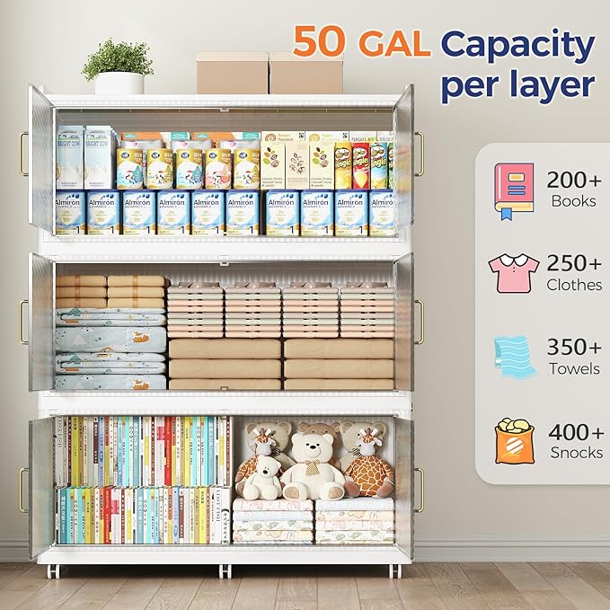 QAVABIN 150GAL Extra Large Storage Bins with Lid, 600QT Collapsible Organizer with Wheels, Stackable Closet Cabinet with Doors, Folding Storage Containers for Home, Office, Kitchen, 3Pack White
