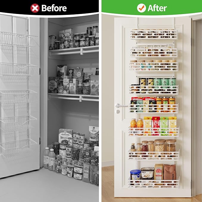 Over the Door Pantry Organizer, Pantry Organization and Storage, 8 Tier Pantry Door Spice Rack Organizer, Metal Over Door Organizer Home Office Laundry Room Bathroom & Kitchen Organization, White