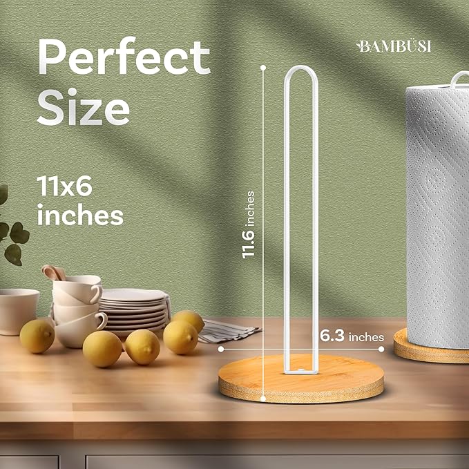 Paper Towel Holder - Wooden Countertop Stand with Non-Slip Wood Base, Minimalistic Modern Style for Kitchen, Home, Office (White)