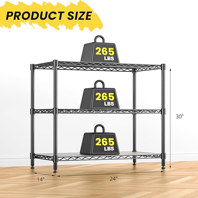 3-Tier Storage Shelves 795LBS Metal Shelving Unit, Adjustable Wire Rack Small Shelf Organizer with 3 Shelf Liners for Kitchen Pantry Office Bedroom Closet Garage 24" W x 14" D x 30" H Black