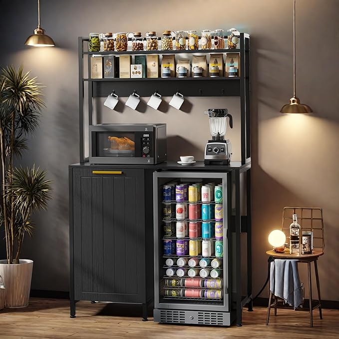 YITAHOME Farmhouse Pantry Cabinet with Built-in Trash Can Bin & Power Outlets, 4-Tier Bakers Rack for Mini Fridge, Microwave, Freestanding Storage Organizer for Kitchen, Black