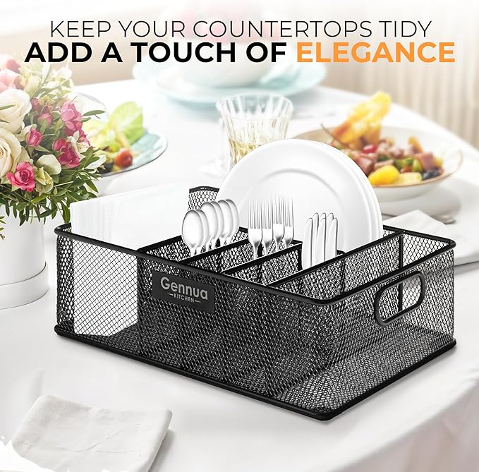 Paper Plate Organizer for Cabinet, Counter, Picnics, Parties & More, Extra Large Utensil Caddy Crafted of Thick Iron Mesh With 6 Compartments for Paper Plates & Plastic Silverware