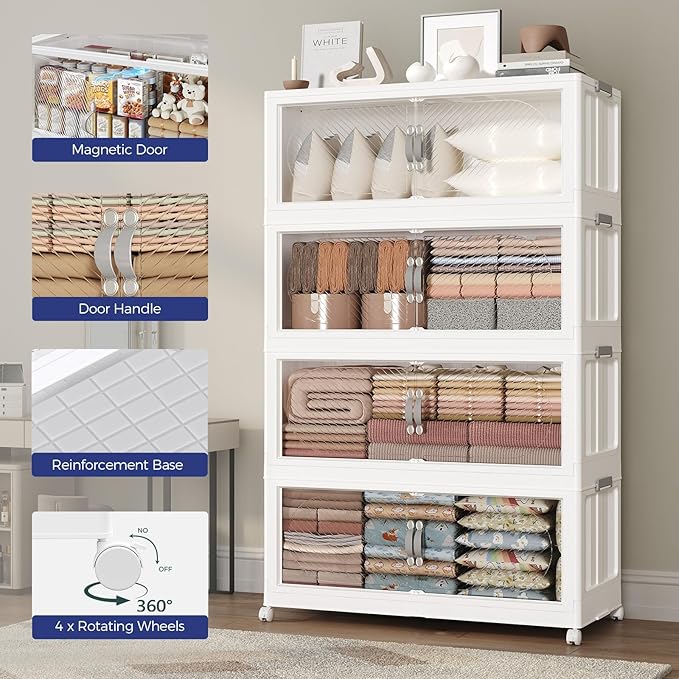 QAVABIN 480QT Extra Large Stackable Storage Bins with Lid, 120Gal Plastic Closet Organizers and Storage Drawer, Collapsible Cabinet Box with Wheels Clear Doors for Home Kitchen Office, 3Pack White