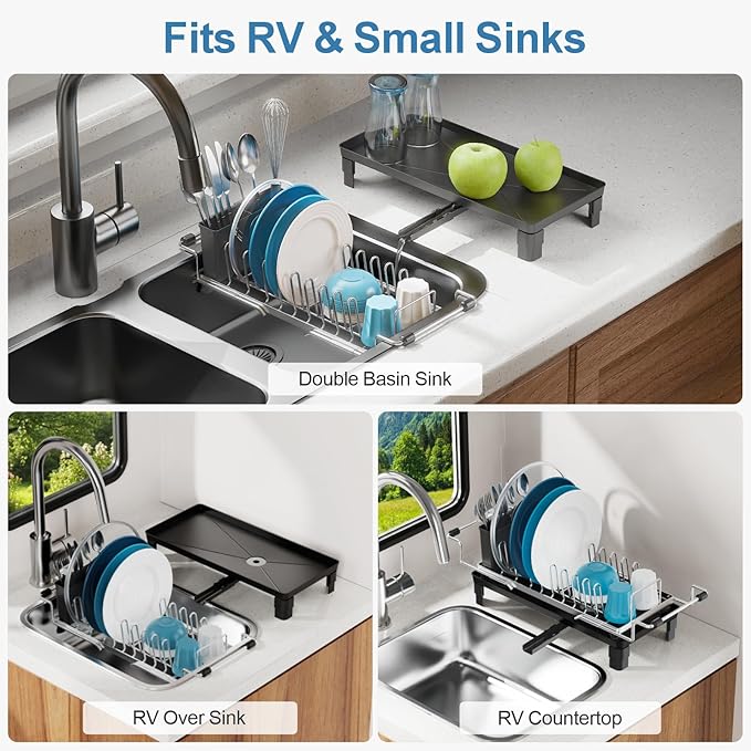 GSlife Small Dish Drying Rack for Counter or Over Sink, Stainless Steel Expandable Dish Drainer with Drain Board and 360° Swivel Drain Spout, Compact for RV, Camper, 1-2 People, Narrow 6.5" W, Silver
