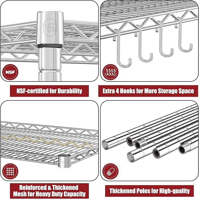 PrimeZone 5 Tier 48" Wx24''Dx81''H Wire Shelving with Wheels 3000lbs NSF Certified Storage Shelves Heavy Duty Metal Shelf Adjustable Rolling Rack Commercial Garage Restaurant Warehouse Chrome 4Pack