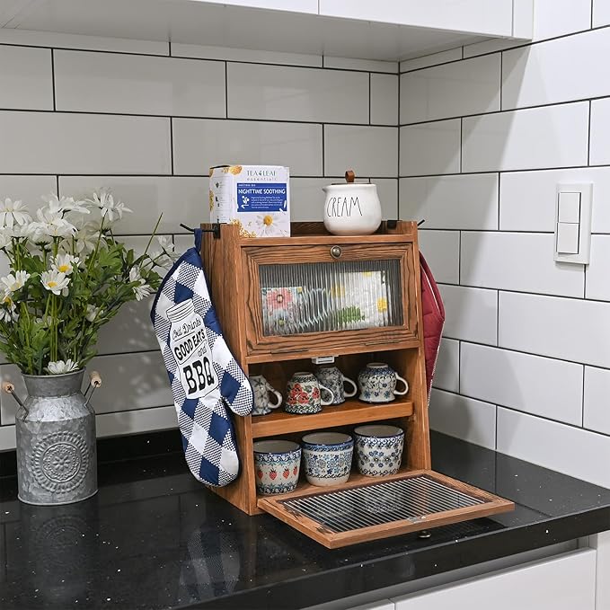 Ikee Design Rustic Wooden 2-Tier Countertop Storage Cabinet with Wavy Doors, Cupboard Organizer with Removable Bamboo Tea Tray, for Kitchen Pantry, Cups, Brown Color, 12.1W x 6.3D x 15.7H in