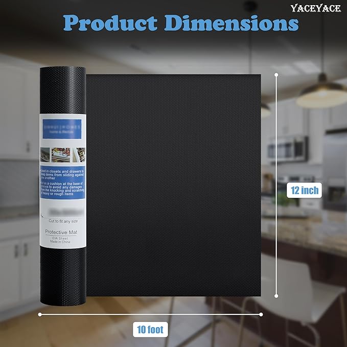 YACEYACE Drawer Liners for Kitchen Cabinets, Black 12” x 10 FT Shelf Liner Non Slip Waterproof Mat for Protection Table, Desk, Cupboard, Cabinets