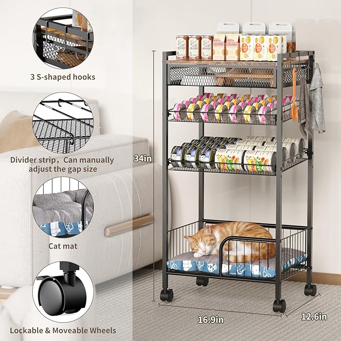 Cat Food Organizer，Multi-functional Canned Food and Cat Bed Rolling Storage Cart,Manually Adjust The Gap Size，Store Suitable Can Sizes，Used for Jar Food & Cat Food Dispenser Rack