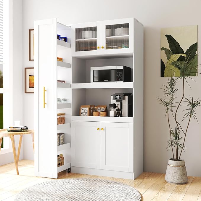 70.87" Tall Kitchen Pantry Cabinet with 7-Tier Pull-Out Shelf, Glass Doors, Countertop & 4 Doors, Freestanding Wood Hutch Cupboard for Dining Room, Coffee Bar, or Kitchen Storage, White