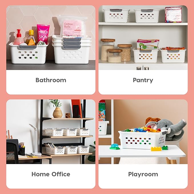 IRIS USA Plastic Storage Basket, 12-Pack, Shelf Basket Organizer for Pantries Kitchens Cabinets Bedrooms, White