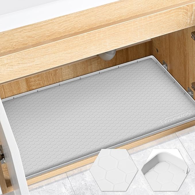 FORWOS Waterproof Under Sink Mat 28" x 19", Silicone Cabinet Liner, Rubber Protector for Kitchen and Bathroom, Keeps Cabinets Clean, Dry, and Organized (Light Grey)