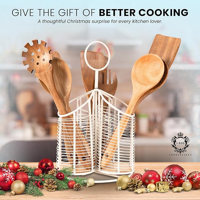 Rotating Utensil Holder with 3 Compartments & Cork Bottom – Premium Matte White Metal + 9-Piece Acacia Wood Kitchen Utensil Set – Countertop Organizer for Cooking Tools, Housewarming & Holiday Gifts