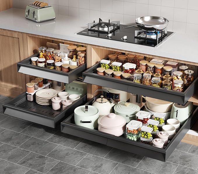 4 Pack Pull Out Cabinet Organizer Expandable Width (15"-24.8") & Depth (16.2"-23.6"), 3 Slide Rails Slide Out Drawers with Handle, Includes Raising Pad for Framed Cabinets, Black