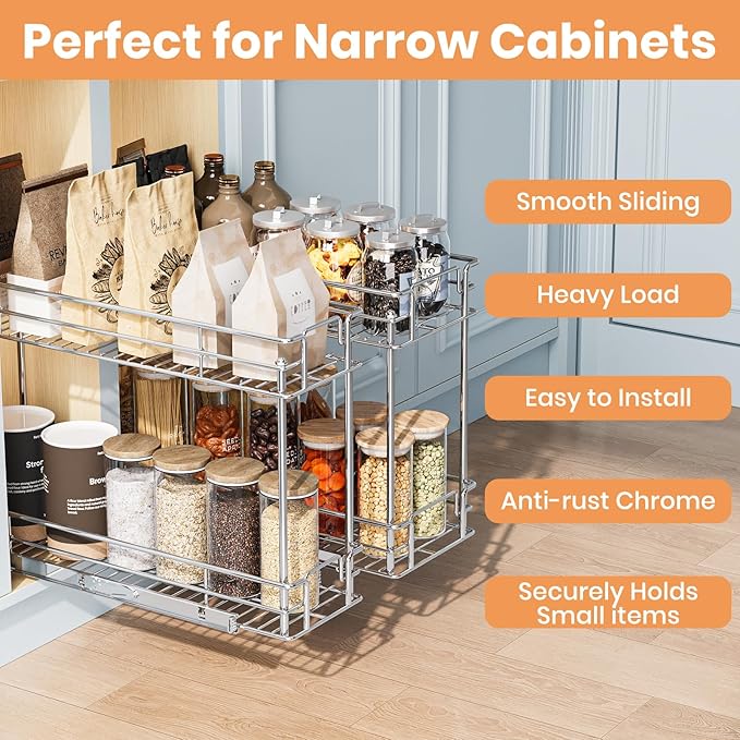 Pull Out Spice Rack Cabinet Organizer, 3 Tier Heavy Duty Slide Out Wood Shelf for Narrow Cabinet, Pull Out Storage for Kitchen (5½" W x 21½" D, 2 Tier)