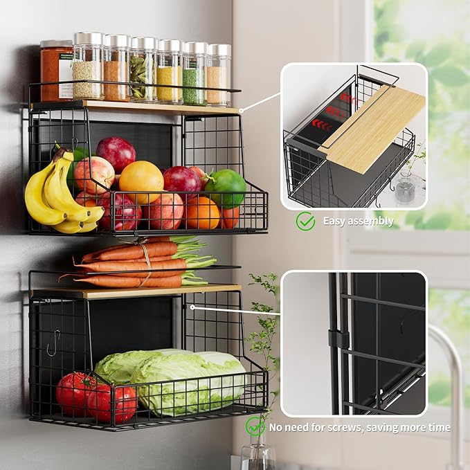 Magnetic Shelf for Fridge 2 Pack, Large Container Magnetic Spice Rack for Refrigerator, Fruit Potato and Onion Storage Bins, Magnetic Basket with Wood Lid, Kitchen Counter, Cabinet