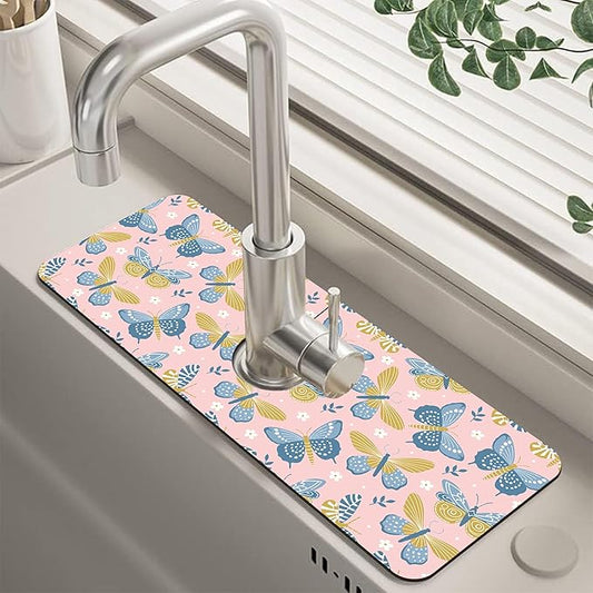 Butterflies and Chamomile Kitchen Sink Splash Guard Faucet Mat Super Absorbent Fast Drying Mat Guard Behind Faucet Drip Catcher for Kitchen Bathroom, 15.5"X5.5"