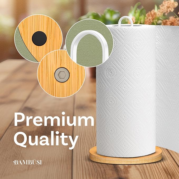 Paper Towel Holder - Wooden Countertop Stand with Non-Slip Wood Base, Minimalistic Modern Style for Kitchen, Home, Office (White)