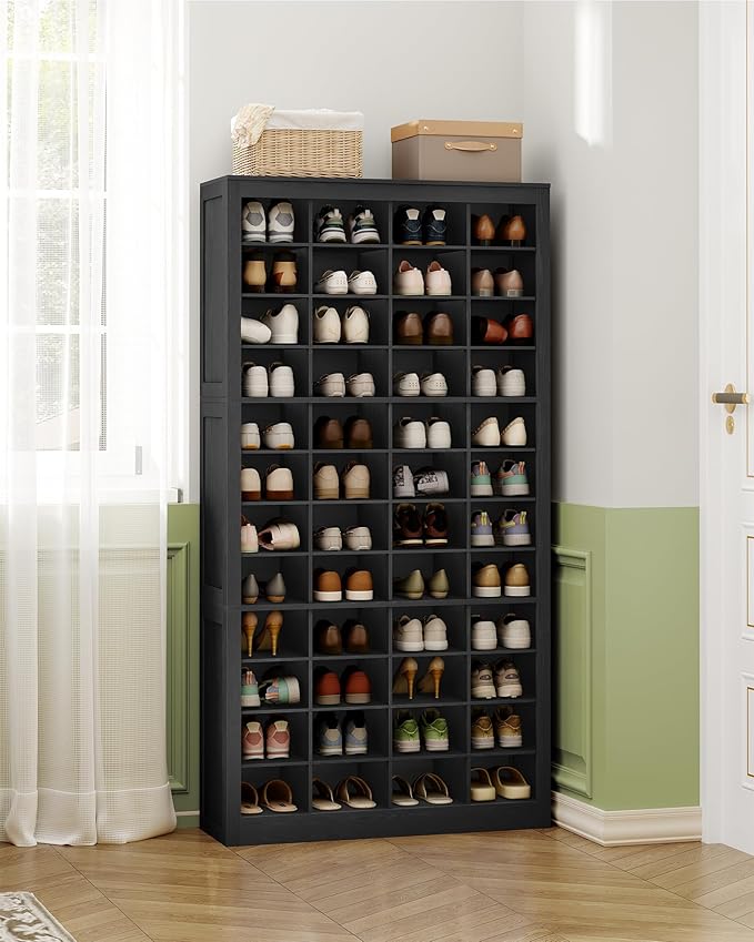 Shoe Storage Cabinet, 48 Pairs Free Standing Closet Organizer, 9 inch Widened Cell Wood Shoe Organizer, 12 Tiers Vertical Space Saving Shoe Rack for Entryway, Cloakroom, Black SR39604X
