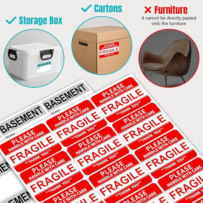 Kingtac 600 Writable Home Moving Stichers - 2' x 3', 20 Color-Coded Home Moving Packing Labels with Fragile, Extra, Heavy Options.Stick to Cardboard Boxes and Plastic Bins, No Extra Tape Needed