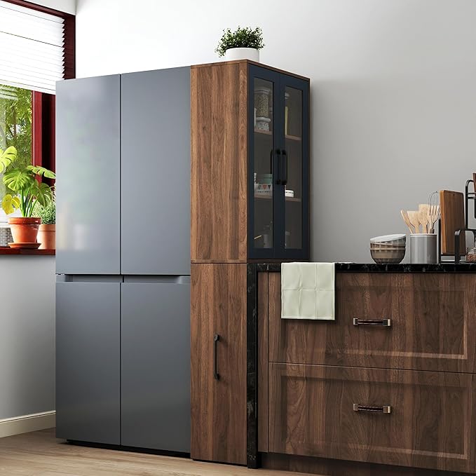 Walnut Tall Storage Cabinet with Glass Doors and Rolling Cart, 71” Wooden Pantry Cabinet with 4-Tier Pull-Out Shelf, Modern Display Bookcase for Kitchen, Bathroom, Study, Living Room